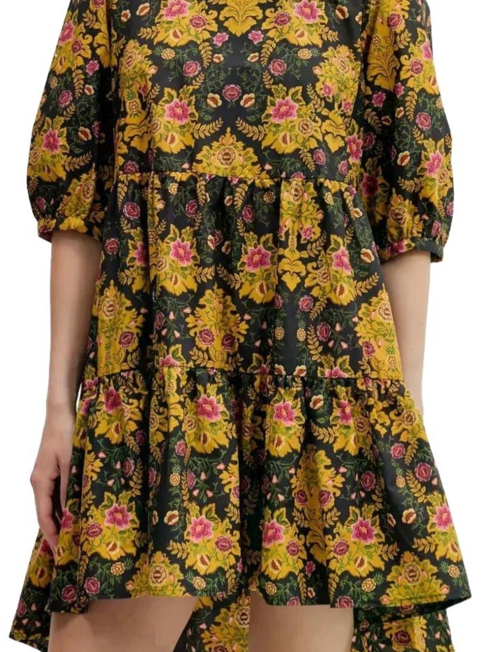 NWT-FARM Rio Black Arabesque Floral Puff Sleeve Mini Dress - Picture 2 of 4